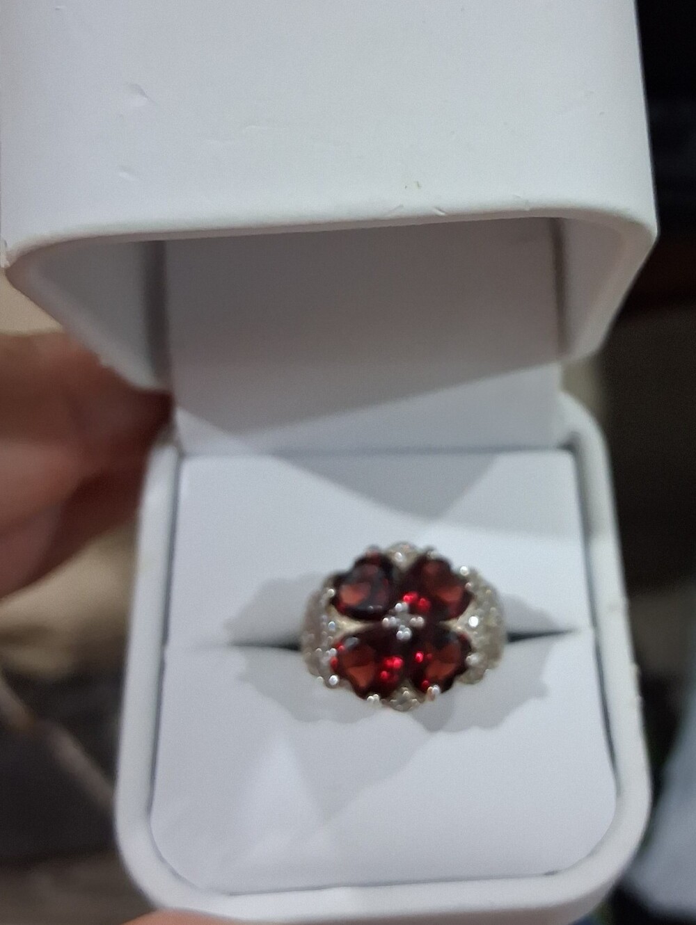 Sterling Silver 4 Carat Natural Garnet & CZ Clover Cocktail Ring Size 6